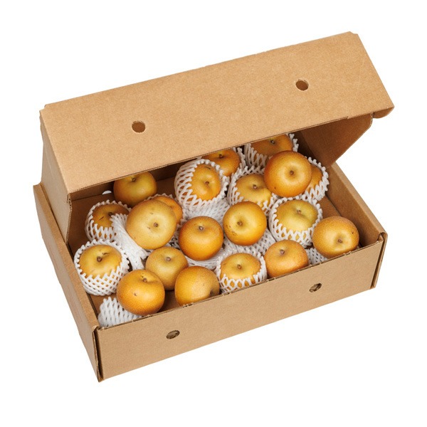 brown box of fresh, small asian pears