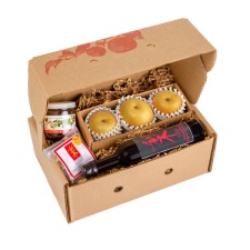 chef box of pears, vingear, spread and dried fruit